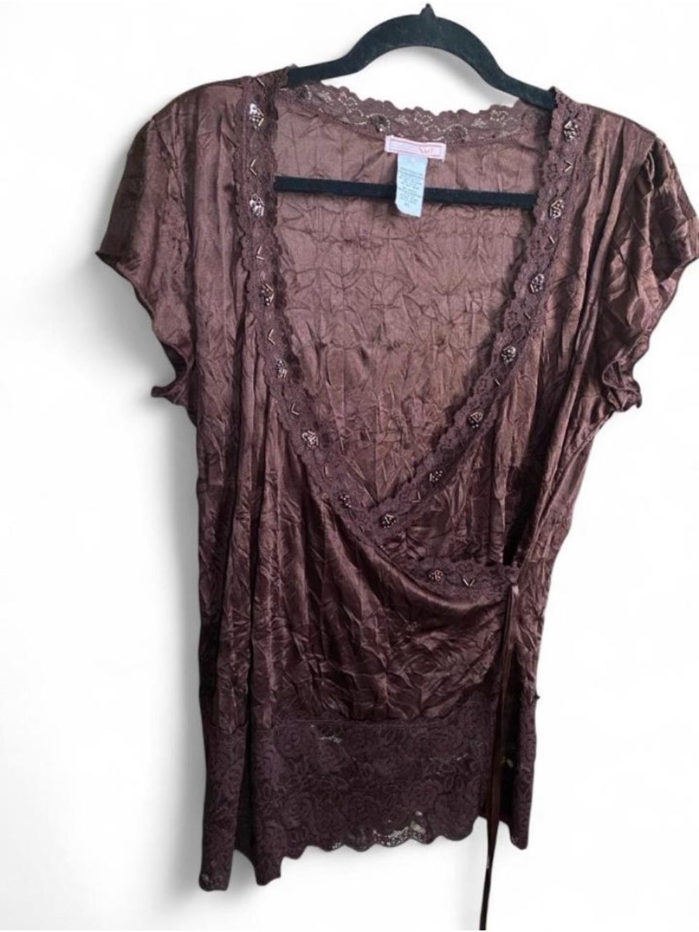 Brown Lace-Trim Wrap Chemise Top - Brand Unspecified